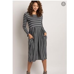 Charcoal Grey Striped Long Sleeve Plus Midi Dress